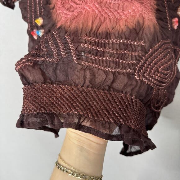 Original Tee Women Top Small Wine Silk Textured Tie Dye Hippie Boho Gypsy Blouse - Picture 5 of 11